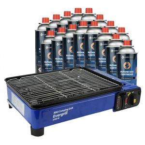 Eurocatch Gaz Butane Camping Grill Evergrill - Barbecue à gaz - Réchaud de camping - Grill de table - incl. 16 Bidons de gaz
