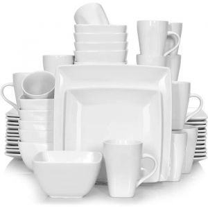 vancassoSérie SohoService Complet en Porcelaine Blanche 48 pièces pour 12 PersonnesAssiette Carrée avec Bol à Céréales et Tasse