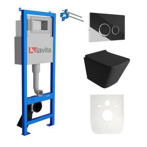 Lavita LAV 101 El&eacute;ment b&acirc;ti-support pour WC 40cm + WC suspendu LAGO Noir sans rebord+plaque de commande LAV 4.2 Chrom&eacute; Set complet