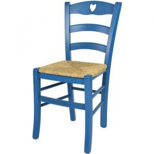 Tommychairs - Chaise cuisine CUORE, robuste structure en bois de hêtre peindré en aniline couleur bleue et assise en paille