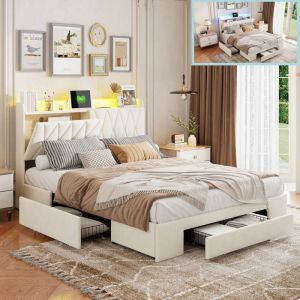 Lit adulte 140x190CM avec 3 Tiroirs - avec LED et USB - Lit Coffre avec Rangement - Lit 2 Personnes - Sommier en bois - Velours