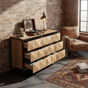 Commode - Nov&eacute;lys - 120cm - 6 Tiroirs au Design Sculpt&eacute; 3D - Style Industriel - Bois & M&eacute;tal Noir