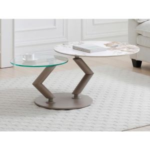 Table basse avec plateaux pivotants en céramique verre trempé et métal taupe - Effet marbre blanc et gris - ELDOVA