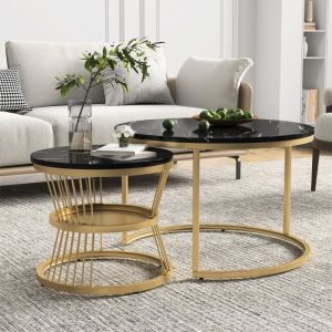 Lot de 2 Tables Basses Gigognes - DREAMMESPACE - Rond - Noir - Plateau en imitation Marbre - Pied en Métal