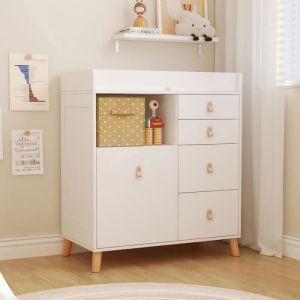Commode à langerMeuble à langer avec 5 tiroirsCompariment ouvertsChambre bébé85x46x98cmfaçade Blanc