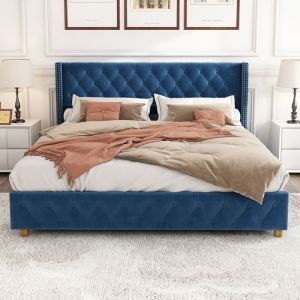 Lit adulte 160x200 cm avec Sommier à lattes et tête de lit décoration de rivets Pieds en bois Velours Bleu