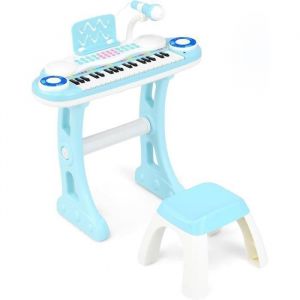 Clavier Piano Pour Enfants 37 Touches avec Tabouret COSTWAY-4 Effets de Percussion-8 Instruments-Microphone Réglable-Lumière-Bleu