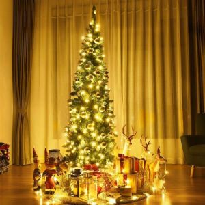 GOPLUS Sapin de Noël 225CM Lumineux-1085 Branches Touffues+350 LED-Aiguilles en PVC-Ouverture Parapluie & Automatique