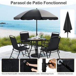 GIANTEX Ensemble de Salle &agrave; Manger Ext&eacute;rieur 6 PCS avec ParasolTable Ronde avec Plateau en Verre Tremp&eacute;&4 Chaises PliantesNoir