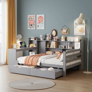 Lit Combiné avec Bureau et Rangement - Novélys - 90x200cm - Lit Multifonction avec Étagères Tiroirs & Prise - Gris