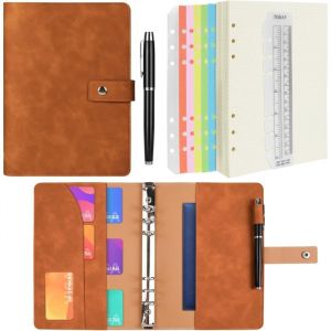 Carnet de Notes A6 200 PagesPU Cuir Carnet &agrave; Anneaux Rechargeable avec Grille &agrave; PointsPochettes Int&eacute;rieuresIntercalaire -