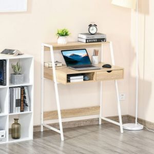 Bureau secr&eacute;taire Bureau Informatique Style n&eacute;o-r&eacute;tro tiroir Niche &eacute;tag&egrave;re m&eacute;tal blanc aspect ch&ecirc;ne clair