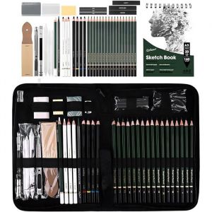 43pcs Professional Art Crayons de Dessin avec Crayons &agrave; Croquis Crayon Graphite Artiste Set Malette Dessin Enfants