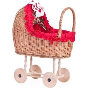Poussette pour poup&eacute;e - Landau en tissu rouge et roues en bois - Pour poup&eacute;es jusqu&agrave; 45cm