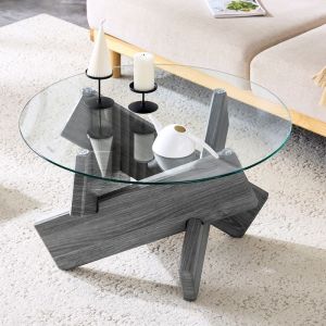 Table basse ronde en verre avec cadre en bois en forme de croix table dappoint de canap&eacute; - salon chambre MDF gris