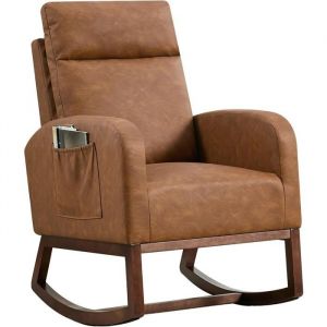 Fauteuil &agrave; Bascule-Fauteuil de Relaxation-pieds en bois massif -Style Scandinave -Salon-Chambre-MARRON