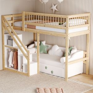 Lit Mezzanine 1 Place avec Escalier et Rangement Lit Mezzanine pour Enfant 90x200 Lit en Hauteur en Bois Naturel pour Adolescent