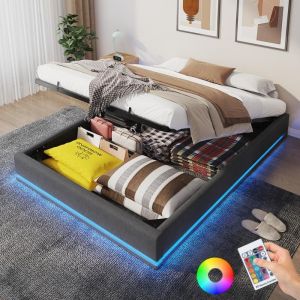 Lit 140x190 cm avec Sommier Lit 2 Personnes avec Lumi&egrave;res LED Lit coffre avec Rangement sous le lit Cadre de Lit Sans T&ecirc;te de