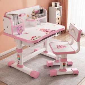 Bureau et chaise pour enfants r&eacute;glable en hauteur - Ensemble &eacute;ducatif avec planche d&eacute;criture biblioth&egrave;que et panier &agrave; livres-rose