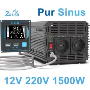 EDECOA 1500W Pur Sinus Convertisseur 12v 220v Transformateur 3000W Crête avec Télécommande LCD et USB Inverter Pure Sine Wave