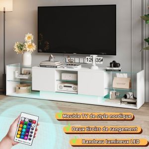 Meuble TV LED Meuble TV Blanc Brillante Armoire De T&eacute;l&eacute;vision avec 2 Tiroirs &Eacute;tag&egrave;res Ouvertes en Verre Meuble Tele 200x35x45cm