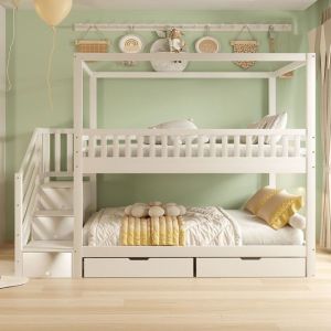 Lit Enfant 90x200 cm avec deux Tiroirs Lit Simple avec &eacute;Chelle de S&eacute;Curit&eacute; Lit Pour enfant en Bois Massif Blanc