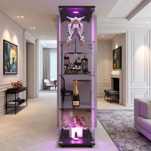 Vitrine en Verre Miroir Vitrine avec LED avec 4 &eacute;tag&egrave;res 1 porte Meuble Vitrine Verre Armoire en verre tremp&eacute; et bois Noir