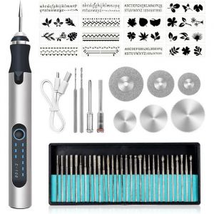 Stylo Graveur Electrique San Fil 56 Accessoires Kit Doutils Rotatifs Sans Fil pour Bijoux Verre Bois Plastique Metal Pierre