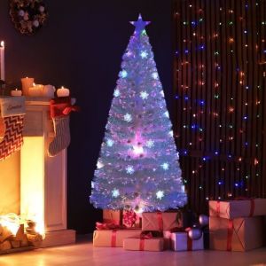 Sapin de Noël LED Blanc à Fibre Optique 180cm COSTWAY-Feuilles Irisées Flocon de Neige-30 Lumières Multicolores-Décoration Etoilée