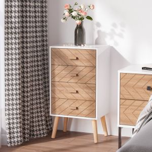 Meuble de rangement chiffonnier design scandinave 40L x 30l x 75H cm 4 tiroirs bois massif pin MDF blanc et h&ecirc;tre motif graphique