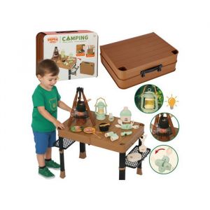 Kit de camping pour enfants table pliante valise + accessoires de voyage camping lumi&egrave;re LED effet vapeur son