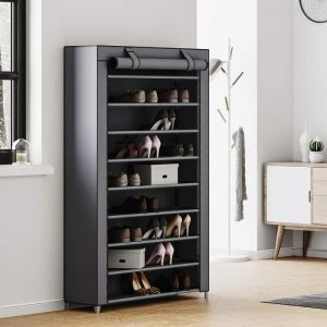Armoire &agrave; Chaussures 10 Niveaux Meubles &agrave; Chaussures avec Housse 100 x 28 x 162 cm Gris