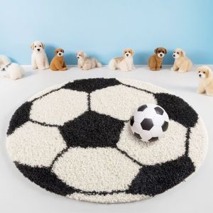 Teppium Tapis enfant rond noir blanc forme football tapis &agrave; poils longs pour chambre denfant taille 120 cm rond