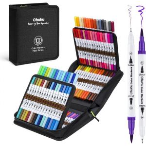 Feutres double pointe - Ohuhu - 100 couleurs - Pointe fine 04 mm - Pointe pinceau 1-2 mm - Lot de 100