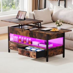 YITAHOME Table Basse Relevable Table Basse Salon avec Ruban LED RGB et 2 Tiroirs avec Plateau élévateur et Rangement Caché