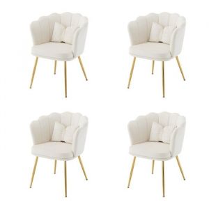 Chaise Lot De 4 chaises salon velours modernes dossier pétales pieds métal doré coussin papillon - chambre/salle à manger Beige