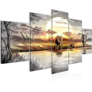 Tableau Décoration Murale 150x75 cm Runa art 000753a Éléphant dAfrique - 5 Panneaux Deco Toile Prêt à Accrocher - Gris