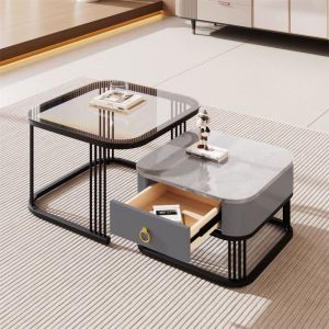 2 en 1 Table basse salon Table dappoint en verre avec tiroirs 60x60x42+50x50x34cm Gris