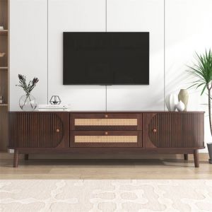 Meuble TV en rotin 170cm avec 2 portes et 2 tiroirs - Table TV en bois massif pour chambre à coucher salon style Scandinave