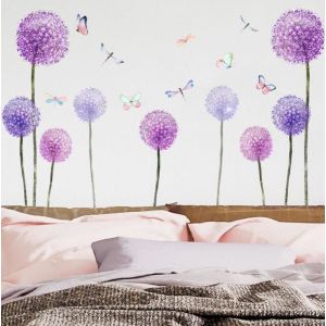 Stickers muraux FLEURS DE PISSENLIT violet papillon plantes nature autocollant sticker mural pour salon chambre cuisine salle