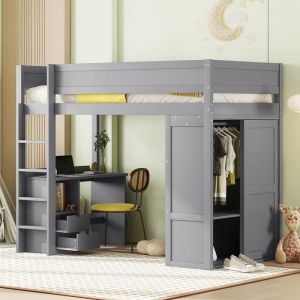 Lit mezzanine 90x200 cm avec équipé darmoire et bureau lit mezzanine 1 place avec sommier à lattes et tiroirs bois massif gris