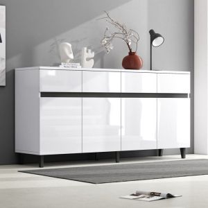 Buffet Bahut Blanc Laqu&eacute; Brillant 160x40x68cm 4 Tiroirs + 2 Portes &Eacute;tag&egrave;res R&eacute;glables Meuble DAngle Rangement Moderne
