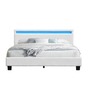 Lit adulte BLANC 160x200 avec Sommier + Tête de Lit LED - PVC Simili