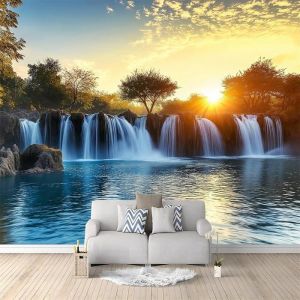 Papier Peint Photo 400 x 280 cm Poster G&eacute;ant Affiche Cascade Naturelle Au Coucher Du Soleil D&eacute;coration Dor&eacute; Papier Peint 3D