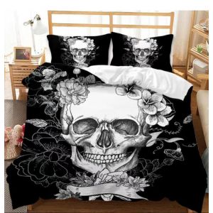 T&ecirc;te de Mort Housse de Couette 140x200cm Gothique Cr&acirc;ne Parure de Lit avec Fermeture &Eacute;clair-avec 2 Taies doreiller 50x75cm