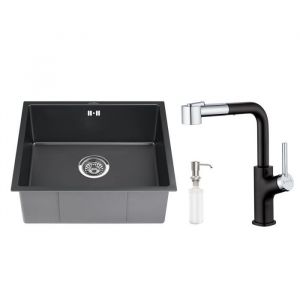 Évier 1 Bac 50x43x19 CM Évier sous plan en Inox avec Robinet Cuisine Rotatif à 360° Distributeur de savon et Ensemble de Drainage