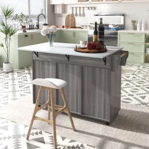 Table de bar mange-debout pliable - 2 tiroirs + portes darmoire de rangement - étagère à épices - roulettes - bois massif - Gris