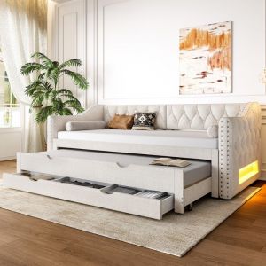 Canap&eacute; avec lit escamotable  90x200 avec lumi&egrave;re LED et Tiroir Lit de jour  avec sommier &agrave; lattes lit double beige(sans matelas