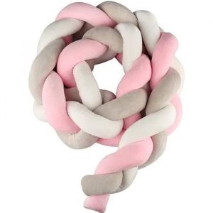 Tour de Lit 2m B&eacute;b&eacute; Coussin Serpent Velours Berceau Pare-chocs Tress&eacute; B&eacute;b&eacute; lit Bumper Nou&eacute; Tress&eacute; en Peluche (Gris + blanc + rose)