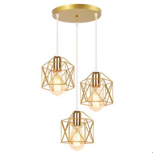 TOKIUS Lustre Industriel Vintage 3 Luminaires E27 Suspension Cr&eacute;ative en M&eacute;tal pour Salle &agrave; manger Bar (Dor&eacute; - avec une base ronde)